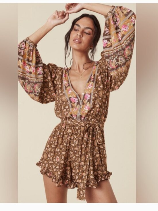 Spell Pants - Spell Brown Floral Long Sleeve V-Neck Romper with Tassel Tie